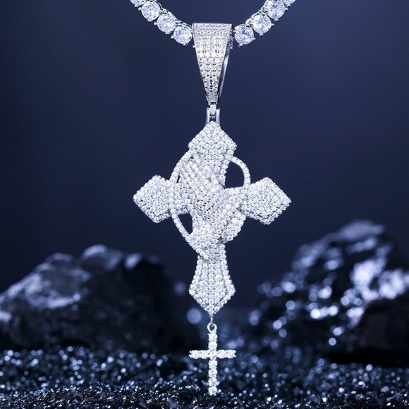 Moissanite Cross pendant 18K white gold plating solid .925 Sterling Silver